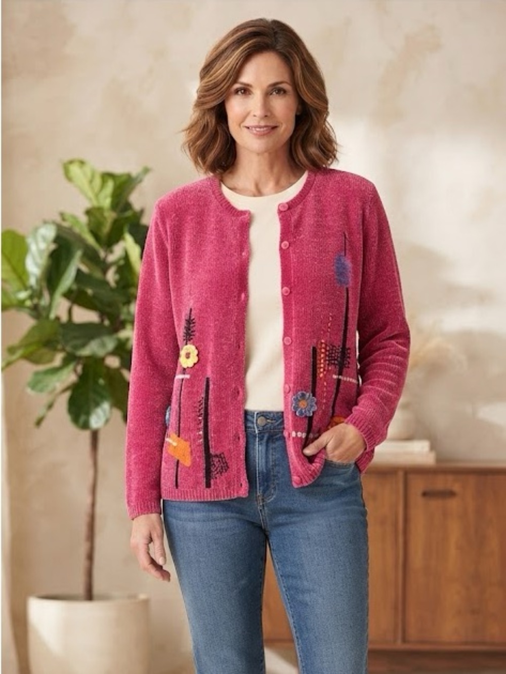 Vintage Alfred Dunner Pink Cardigan Sweater with Floral Embroidered 3D Accents